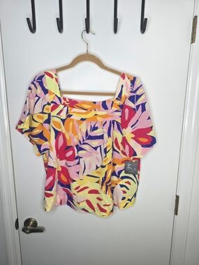 Ella Vibrant Tropical Floral Square-Neck Top in Pink, Yellow & Blue